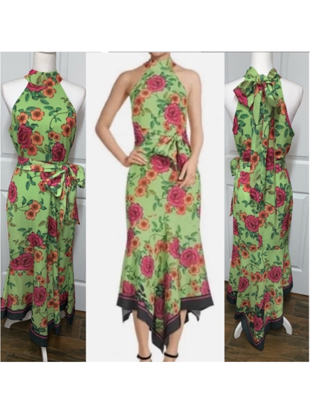 Belle Badgley Mischka Halter Neck Sleeveless Green Floral Print Dress